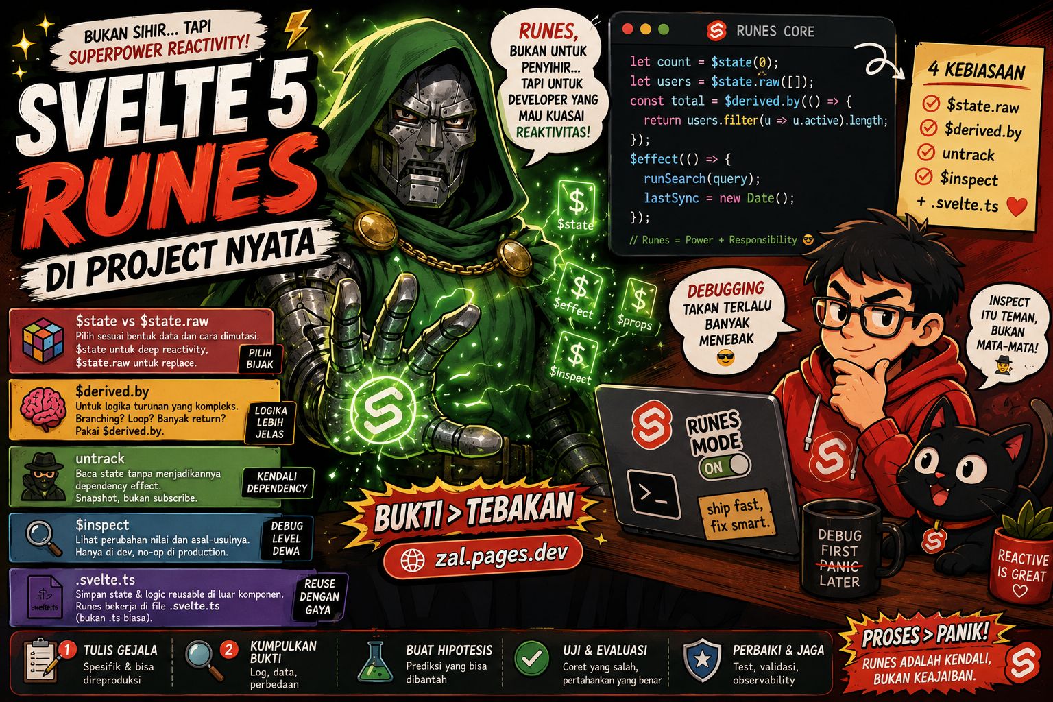 Ilustrasi developer menulis kode Svelte 5 Runes di laptop, dengan diagram reaktivitas di layar