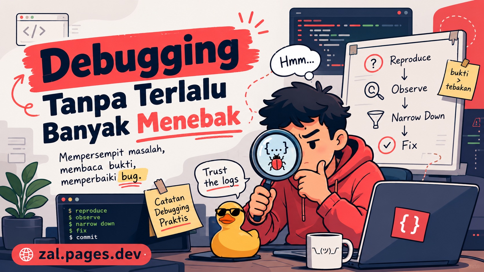 Ilustrasi developer membaca sinyal debugging dari log, grafik, dan potongan kode